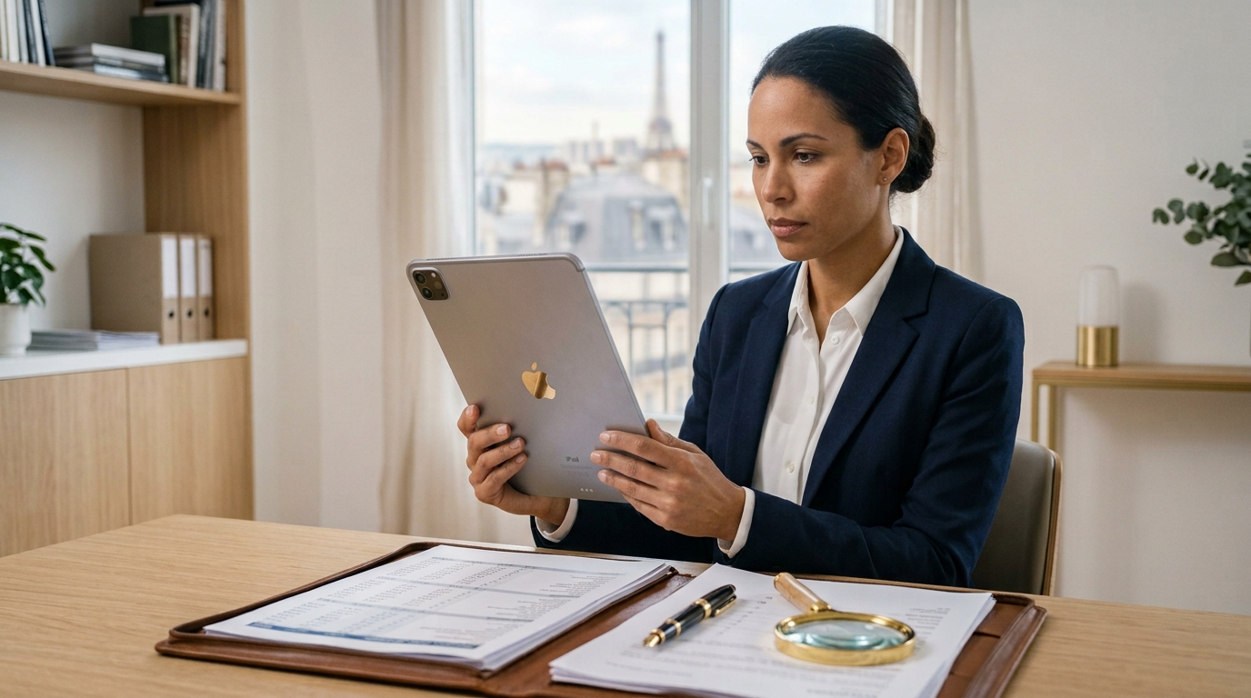 Certe comptable qui tient une tablette sur laquelle est renseignée la fiscalité des NFT.