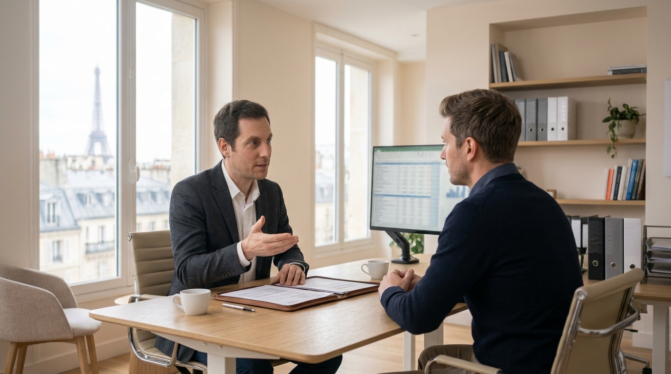 Un expert comptable crypto qui discute de la création entreprise avec un de ses clients