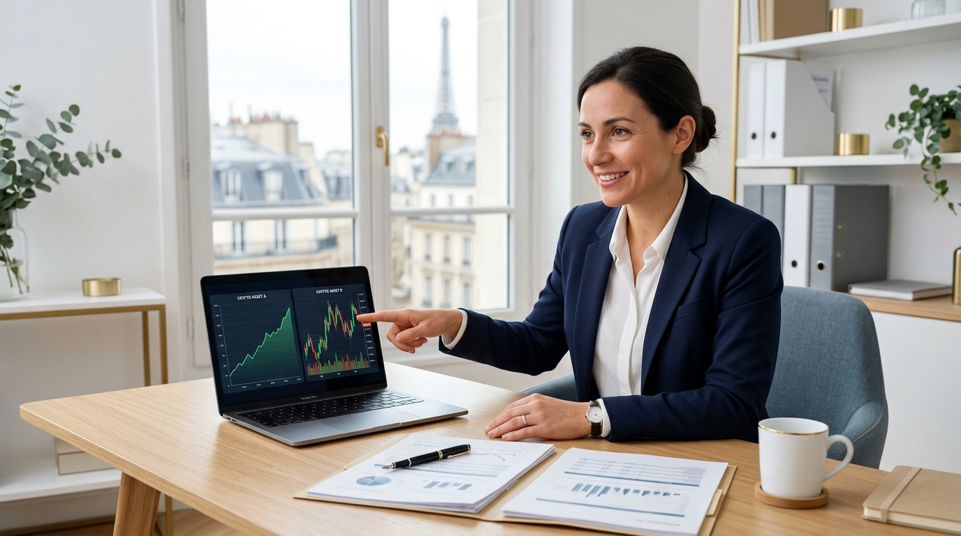 Une experte comptable qui montre une courbe de crypto.